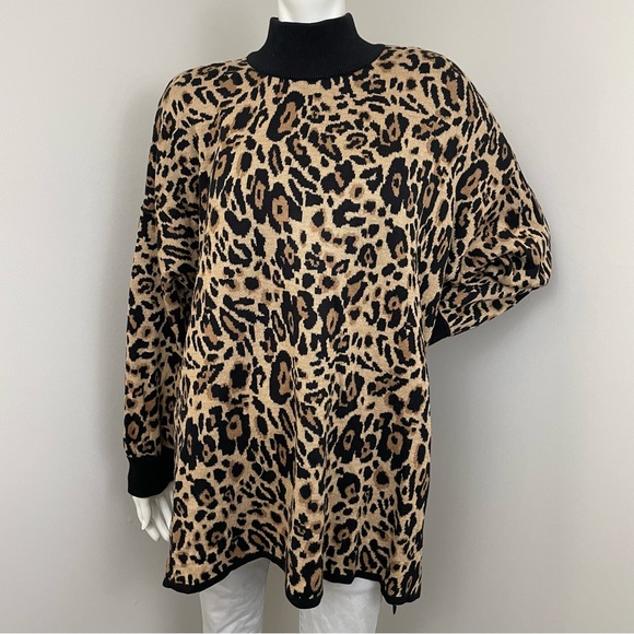 CALVIN KLEIN Leopard Cheetah Print Mock Neck Plus Leo Sweater - Picture 1 of 10